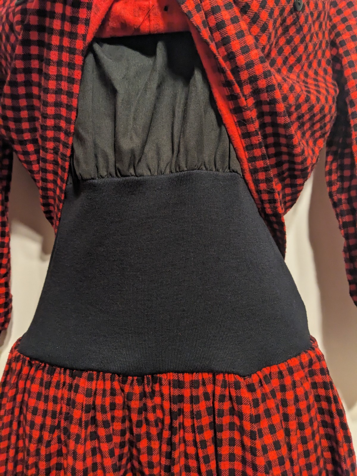 Vintage 80s red black plaid jumper dress drop waist You too Babes USA shirt 90s