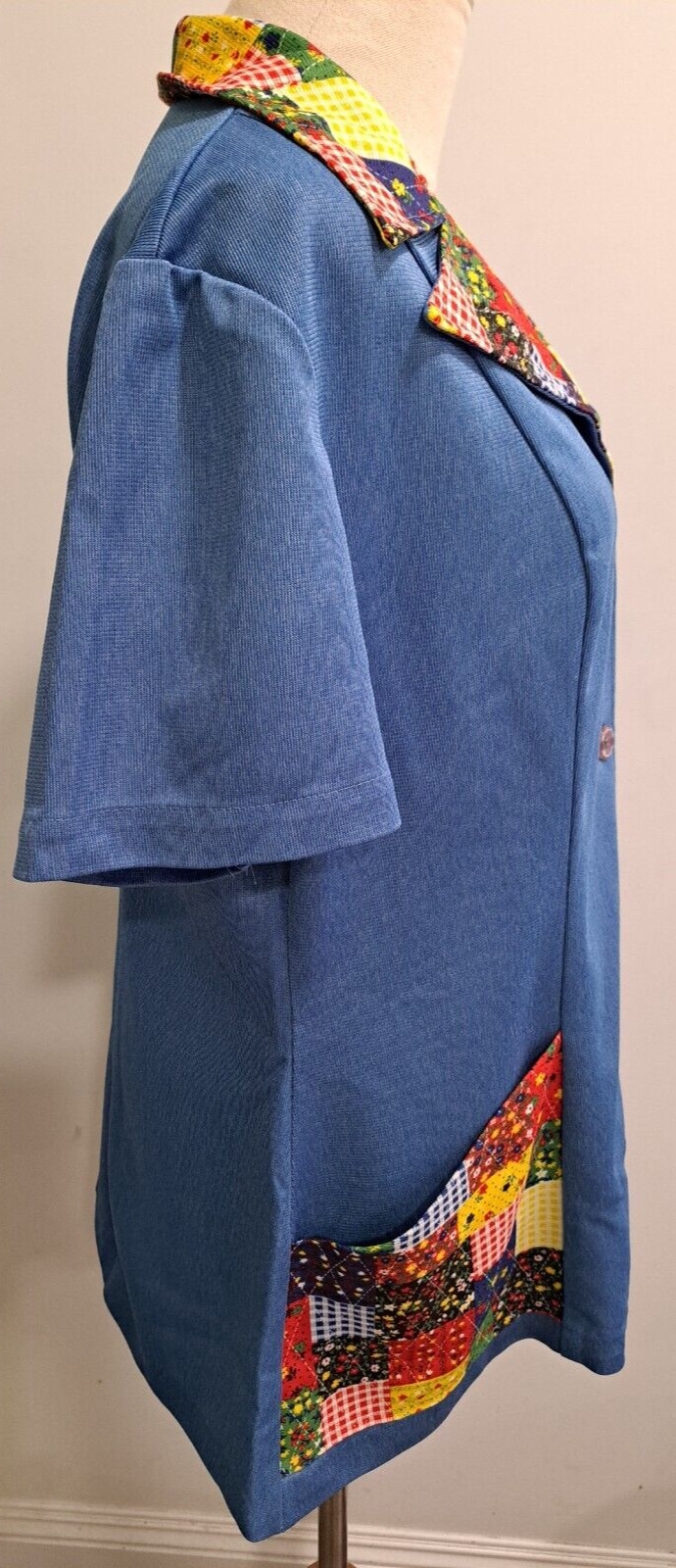 Vintage Rockabilly Waitress Top Patchwork Print Oversized Collar & Pockets LARGE