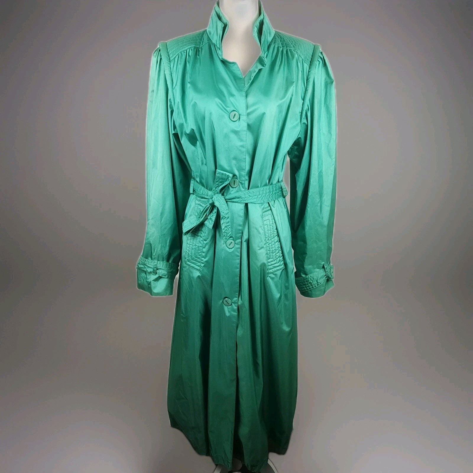 Vintage 70s 80s Green Raincoat Trench Belt Water Resistant Shoulder Pads Size M