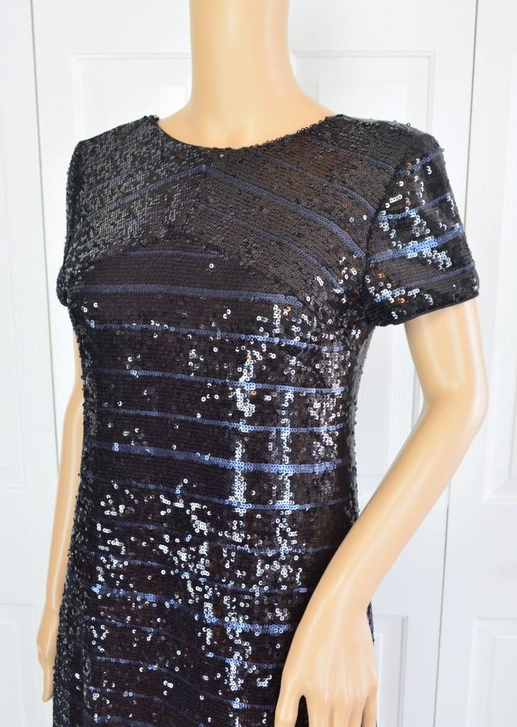 VTG 90s Mini Black Blue Sequin Scooped Back Gatsby Flapper Party Cocktail Dress