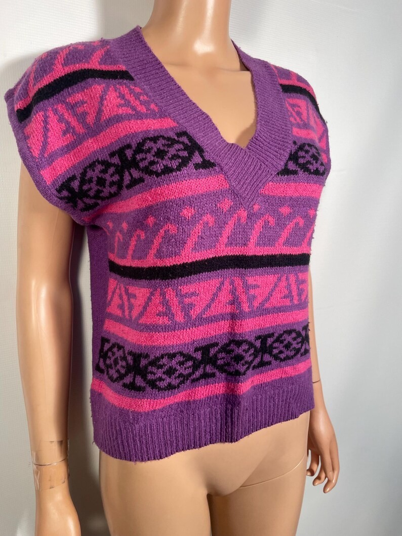 Vintage 1980s Fair Isle Geometric Angora Silk Blend Knit Sweater Vest Size S/M