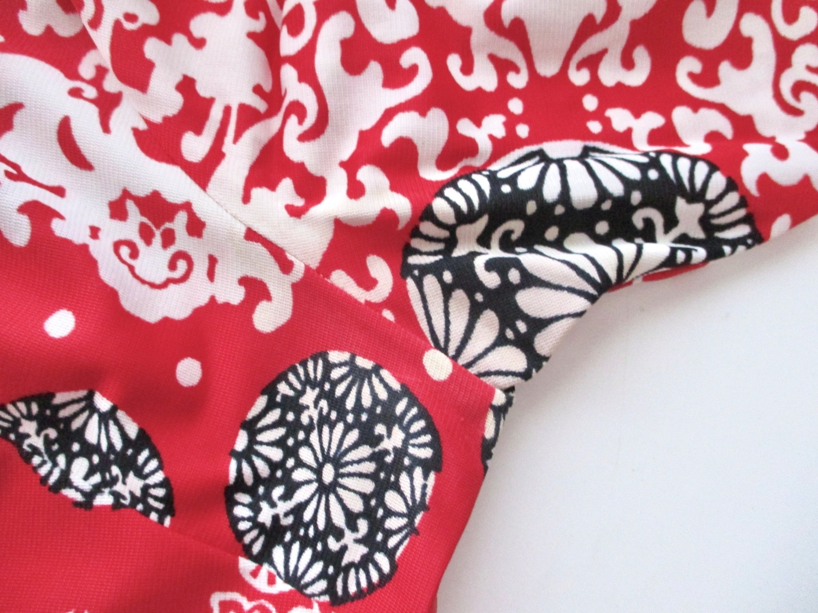 Vtg 60s 70s Sears Red Black White Geometric Asian Tunic Top Button Blouse XL