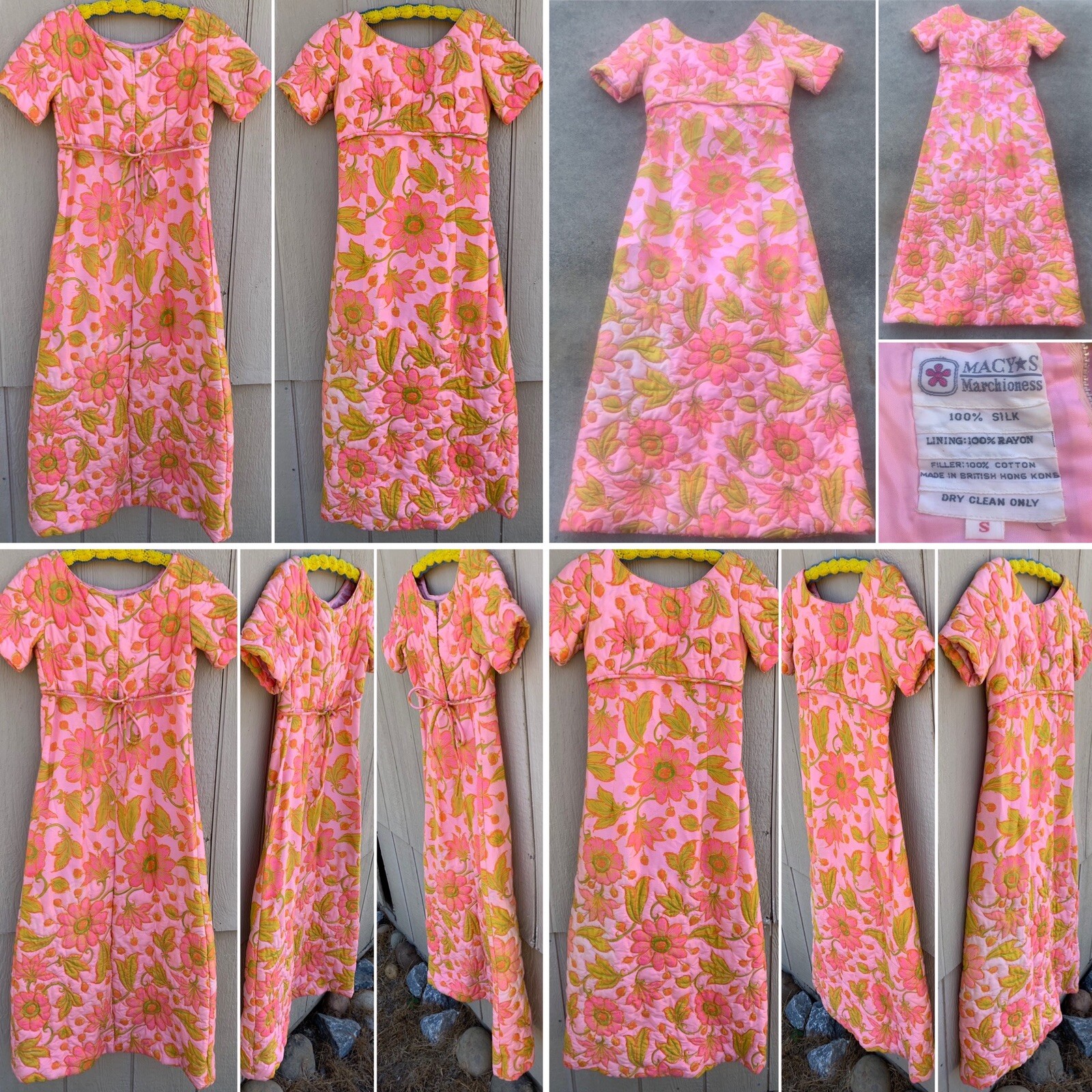 1960s Silk Floral Maxi Dress Macys Marchioness Pink Multicolor Hong Kong S