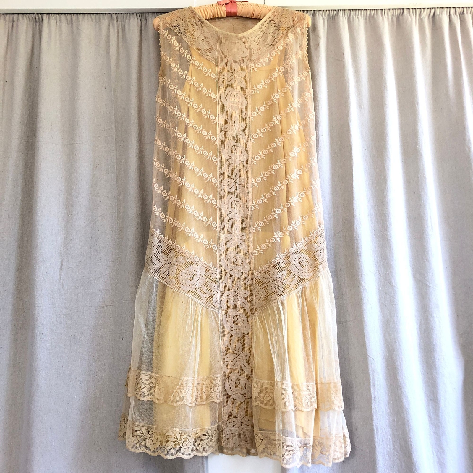 Vintage 1920s Sheer Mesh Net Crochet Drop Waist Dress + Silk Slip Coquette