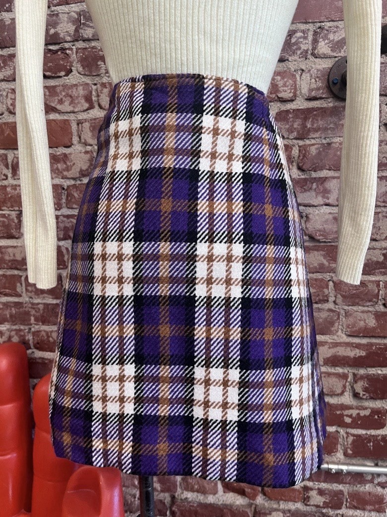 70s Vintage Ultra Mod Plaid A-Line Mini Skirt Purple Size 26.5” Waist