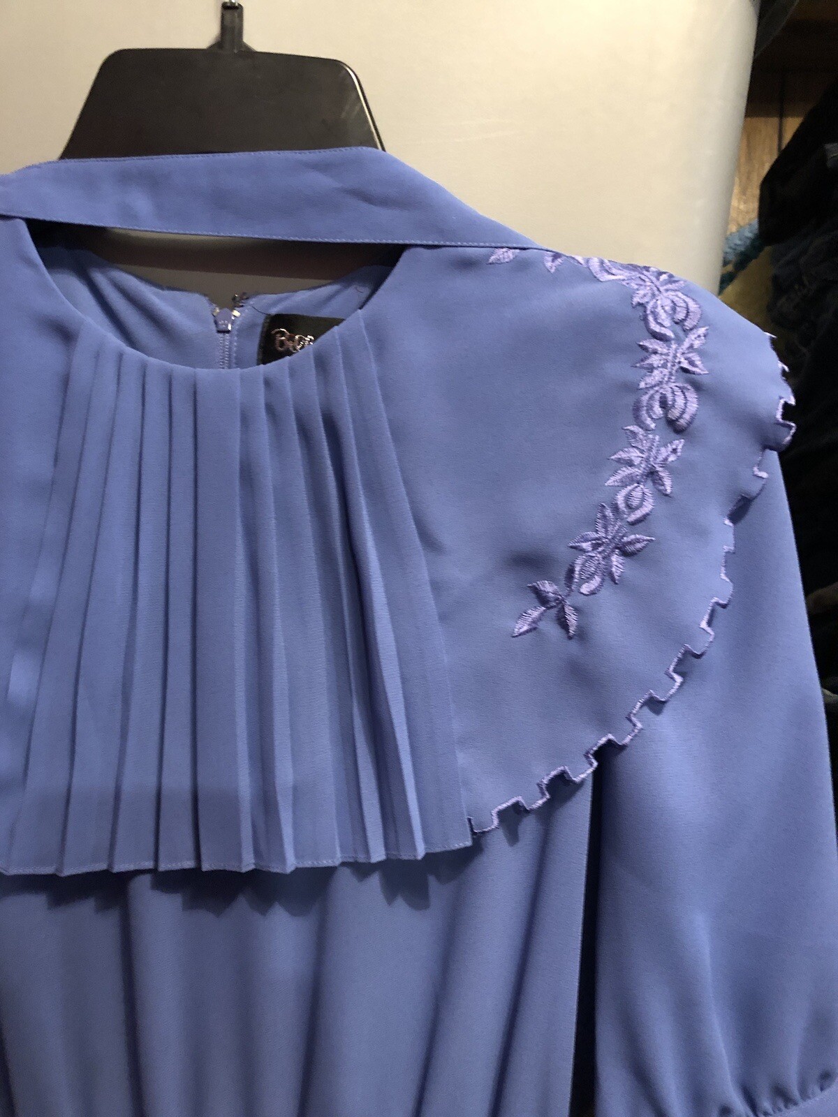Vtg Billy Jack for Her 11/12 Blue Floral Embroidered Blouson Sheer Belted Dress