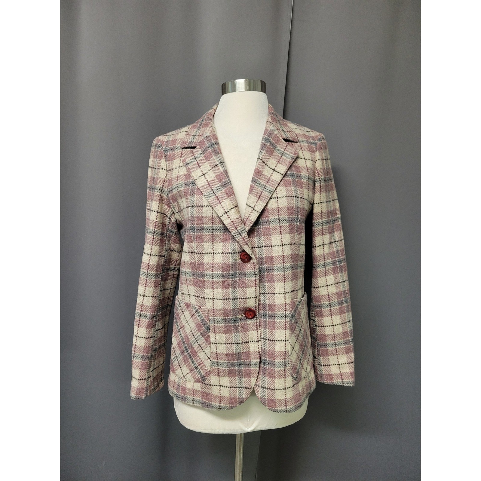 Prestige of Boston Blazer Pink Cream Plaid Wool Blend Vintage ILGWU Size 8