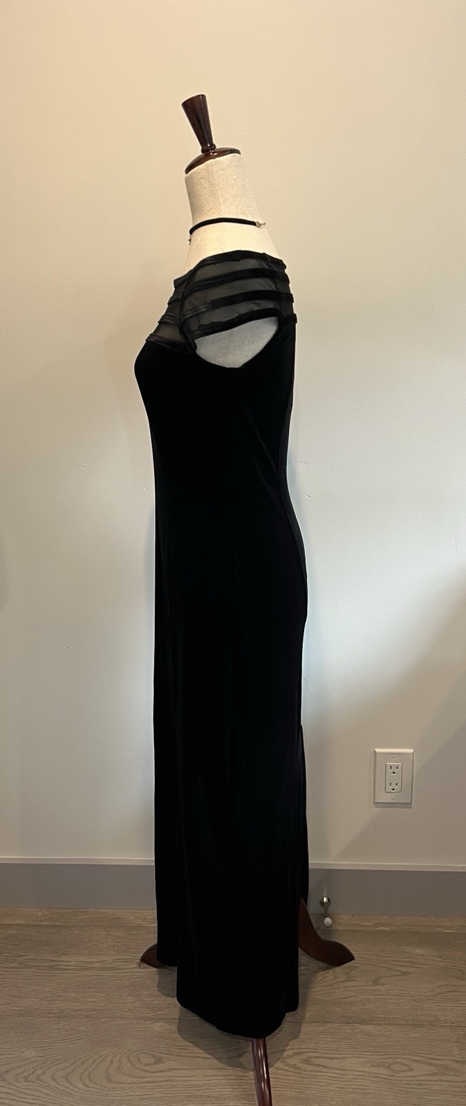 VTG Black Velvet Formal Evening Prom Dress Mesh Neckline Y2K Goth S
