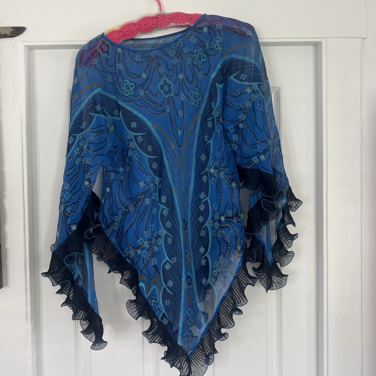 Vtg 70/80s Zandra Rhodes Printed Silk Tunic Top Angel Sleeves Ruffle Boho S/M