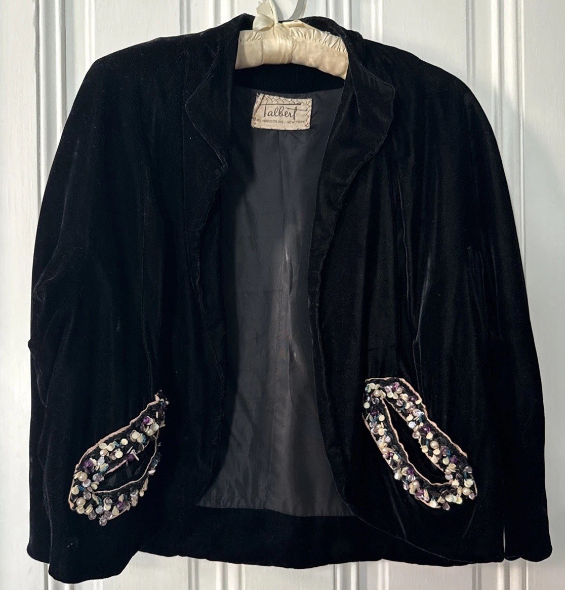 Vintage 50s Black Velvet Dolman Jacket W Beaded Pockets- Talbert NY-size M