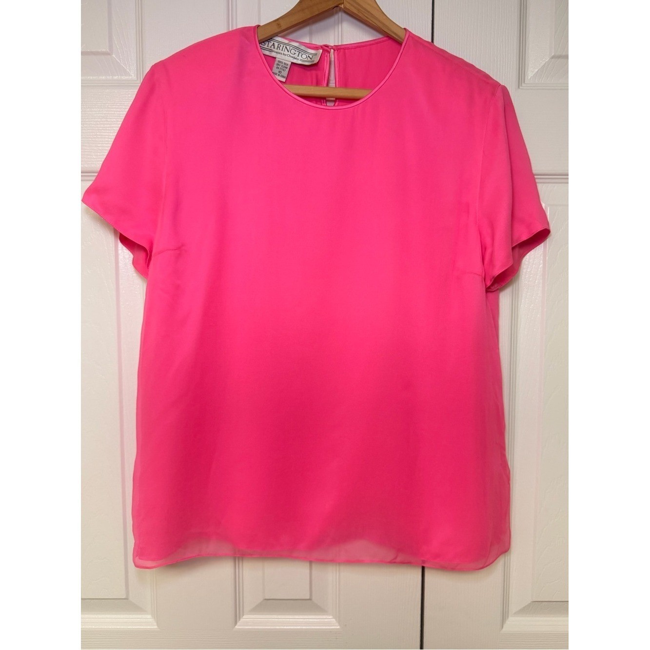 Vintage Starington Charlotte 100% Silk Hot Pink Blouse Shoulder Pads 10 Classic