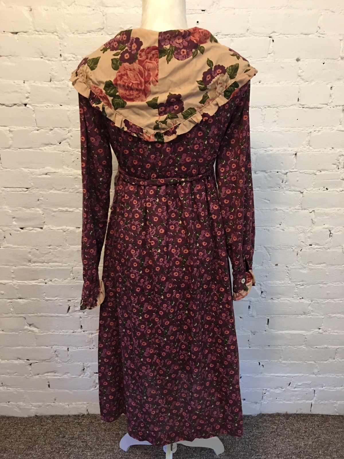 Vintage 70s Potage Bonwit Teller prairie dress burgundy floral tie waist size m