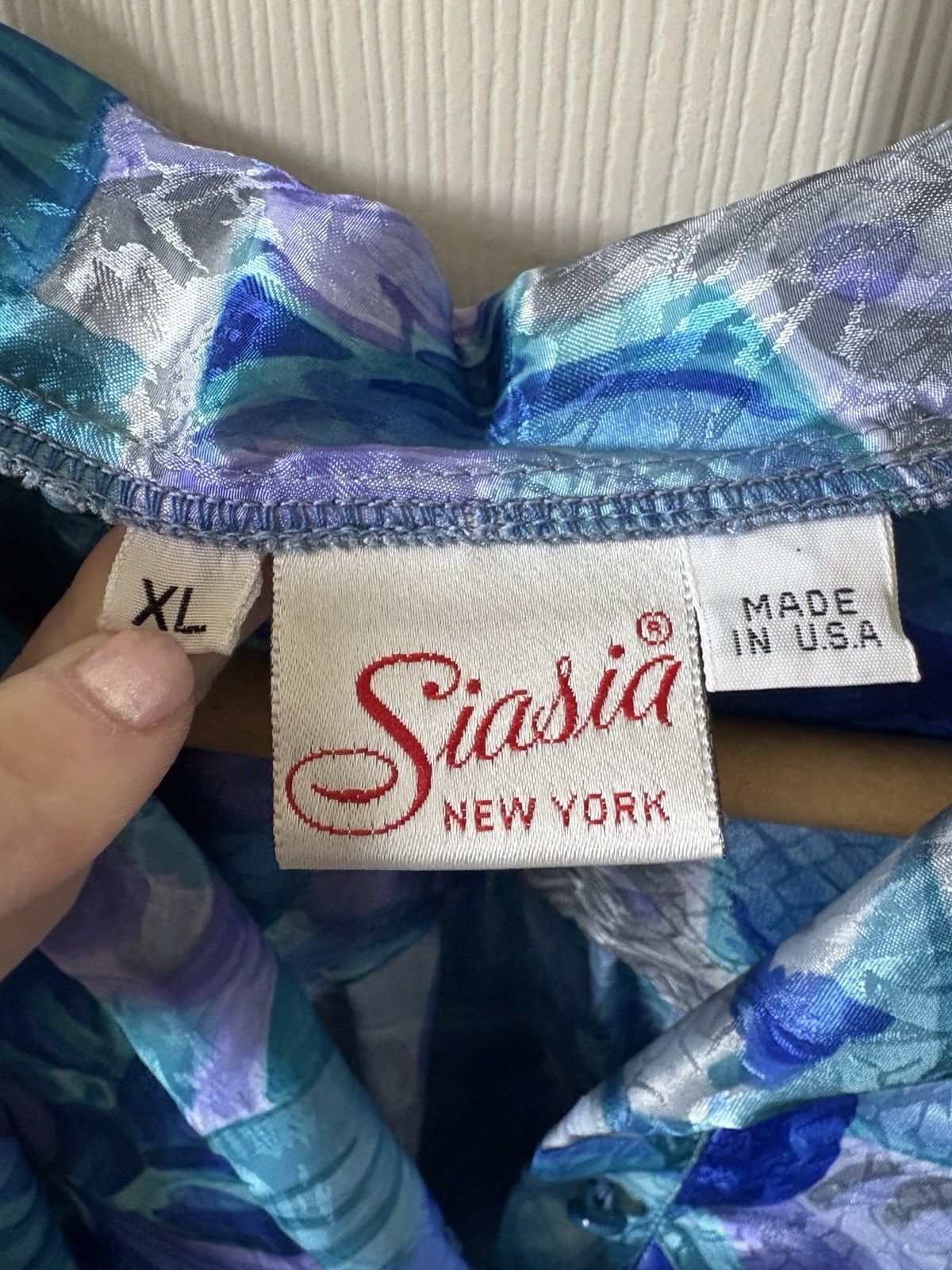 Vintage Siasia NY Blue Purple Grey Floral Abstract Blouse XL Made USA