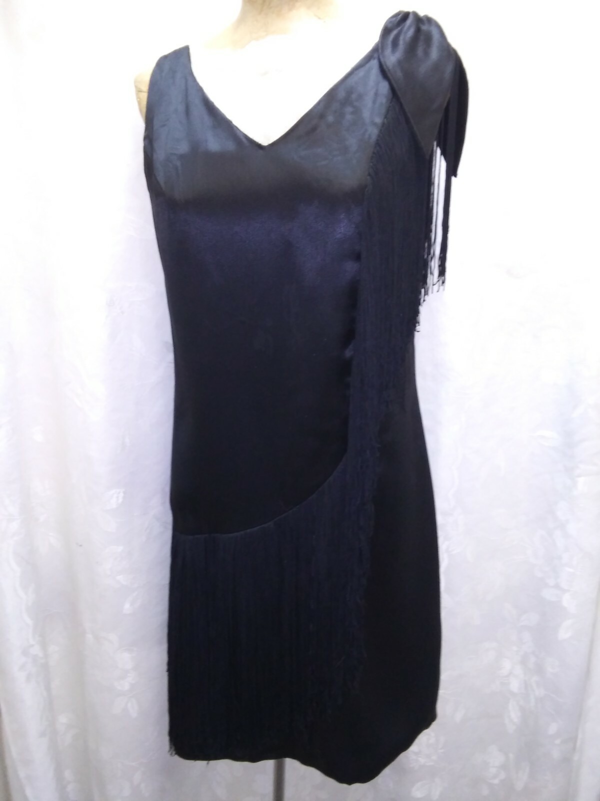 Vintage 1960’s Retro 30’s Black Rayon Satin Fringe Flapper Dress Size S/M