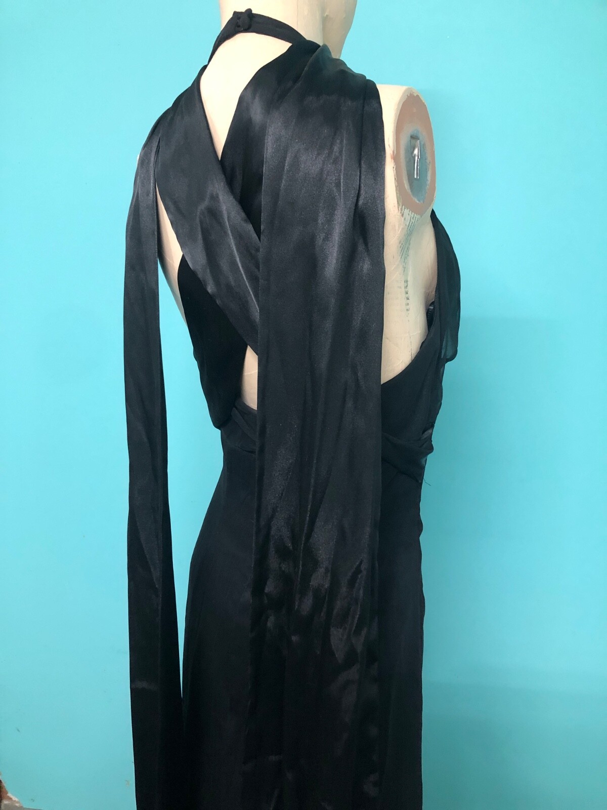 VTG Y2K WATTERS/WATTERS Black Halter Chiffon Satin Mermaid Evening Formal Gown~8