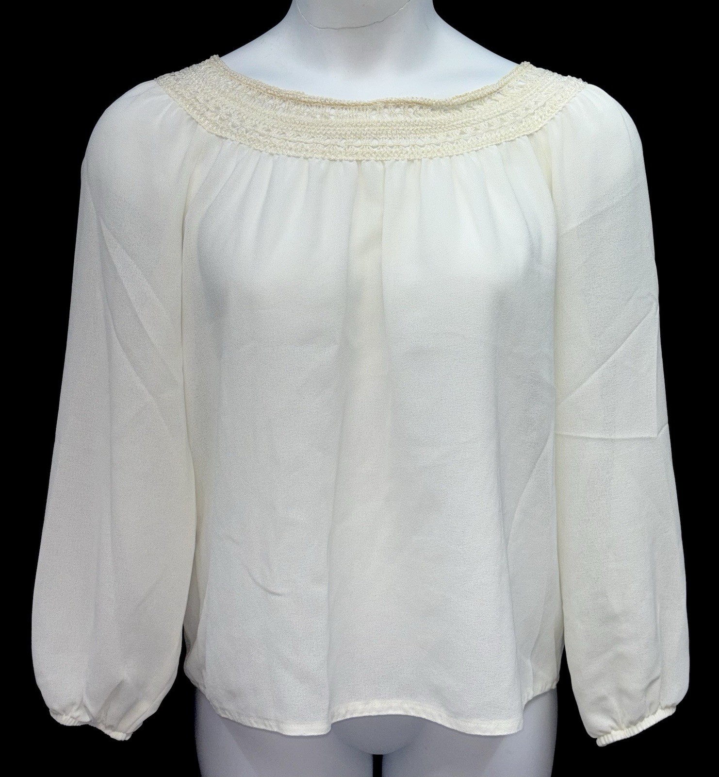 VTG LESLIE FAY Women Size 12 Pullover Long Poet Sleeve Top Crochet Boat Neck