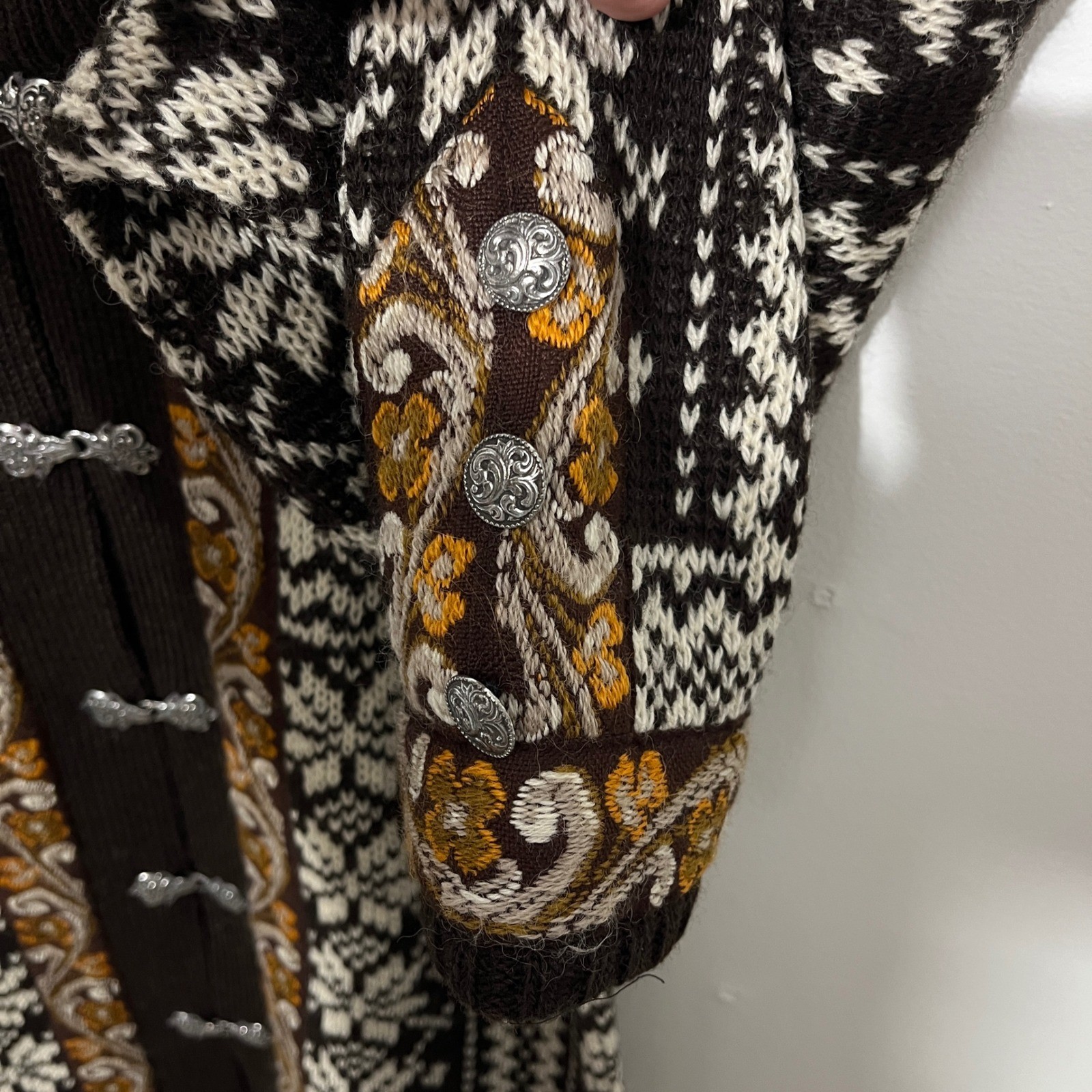 Evebofoss Cardigan Women L Brown Norwegian Wool Fair Isle Pewter Clasp Sweater