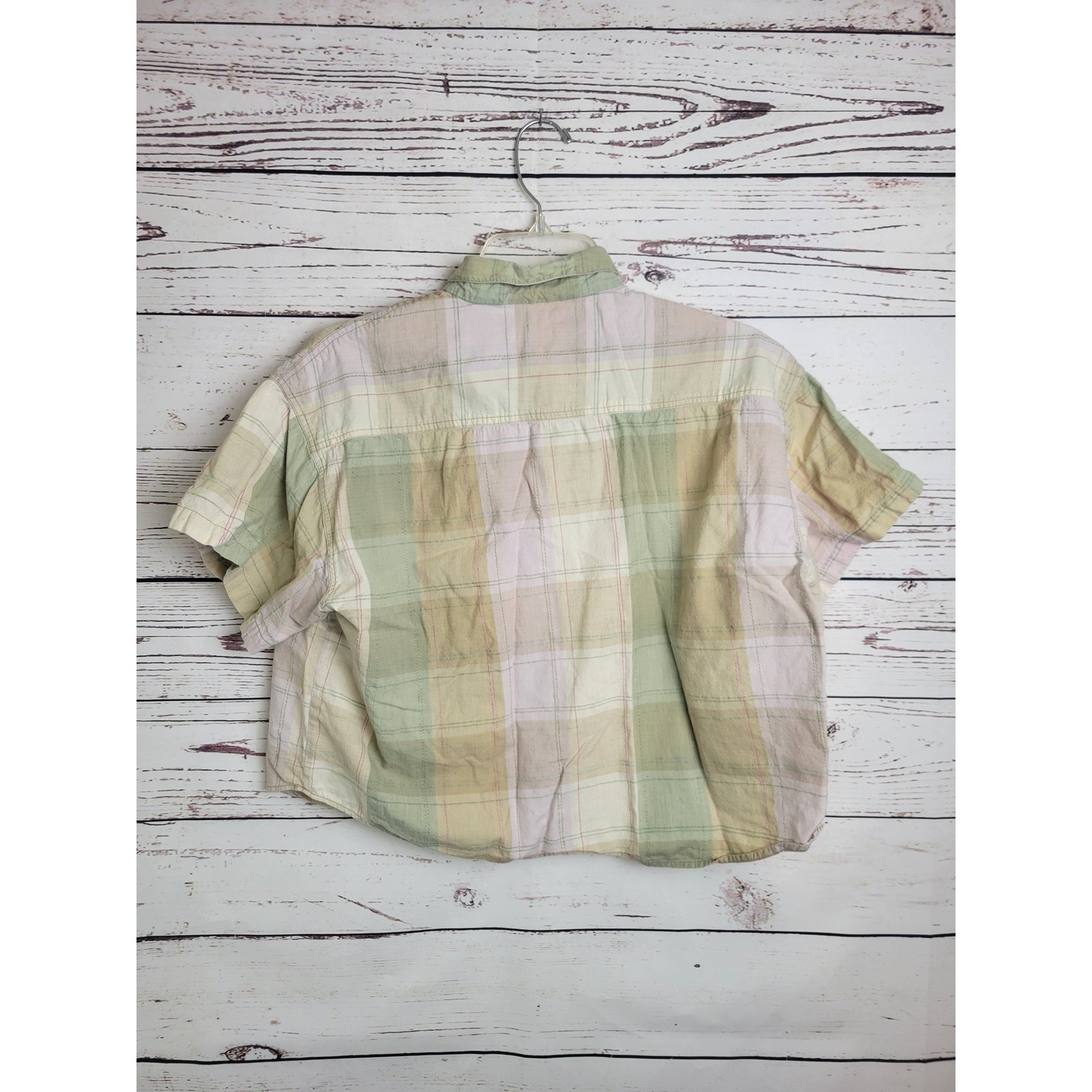 Pink 59 Plaid Button Down Cropped Shirt Short Sleeve Grunge Green Women Large