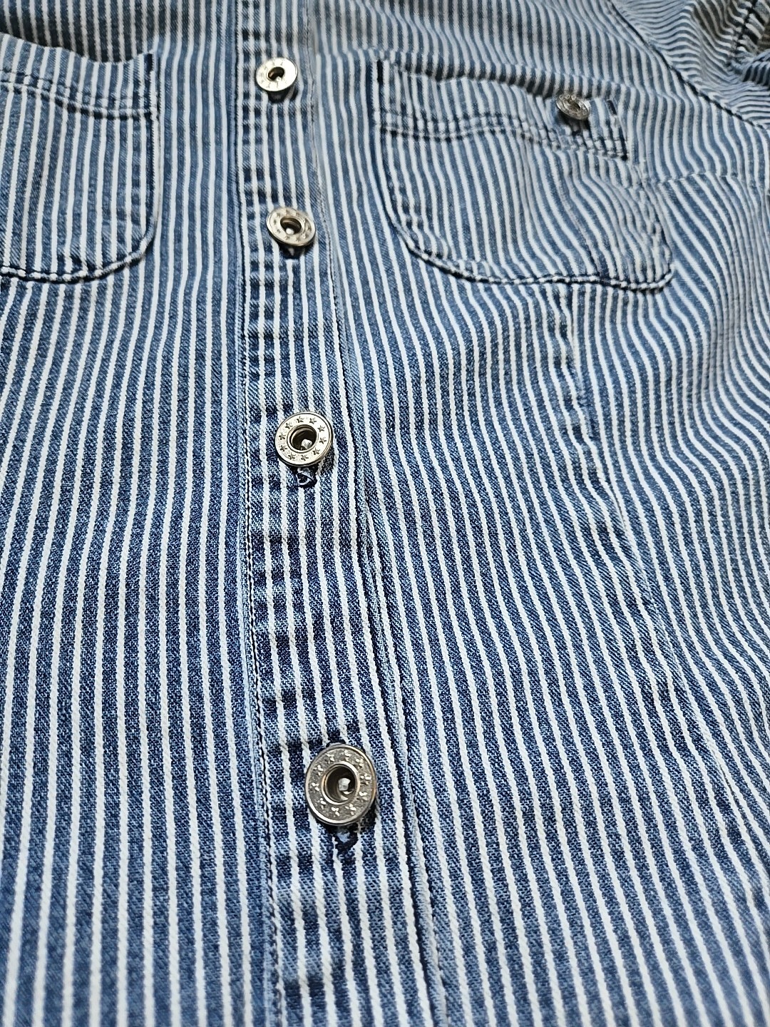 Isabella Bird Anthro denim midi dress 8 blue white stripe short cap sleeve