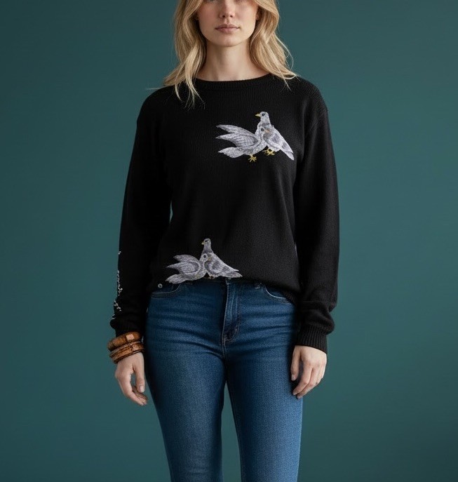 Vtg 70s Cyn Les Black Turtle Dove Embroidered Sweater Sz M Peace Messenger Boho