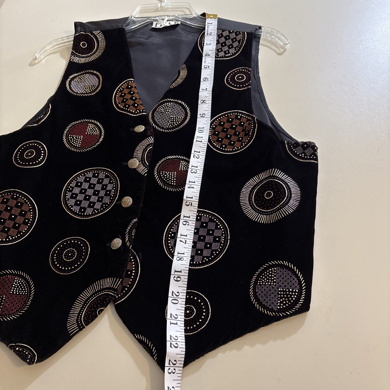 VTG Gold Links Velvet Vest SzL Black Gold Metallic Circle Eclectic Art Deco