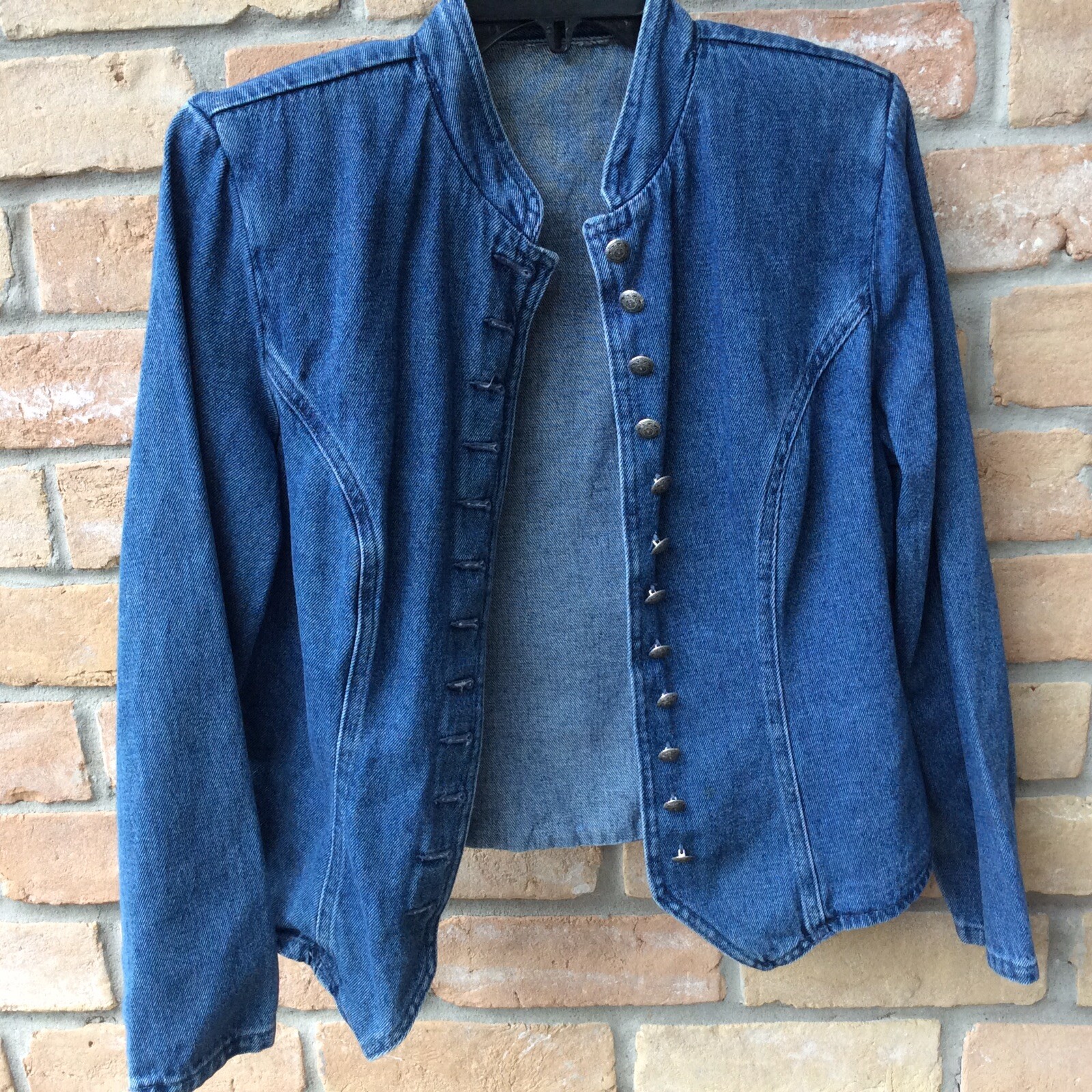 VTG 80s Blue Denim Military Look Jacket Womens Sz S? Shoulder Pads Buttons