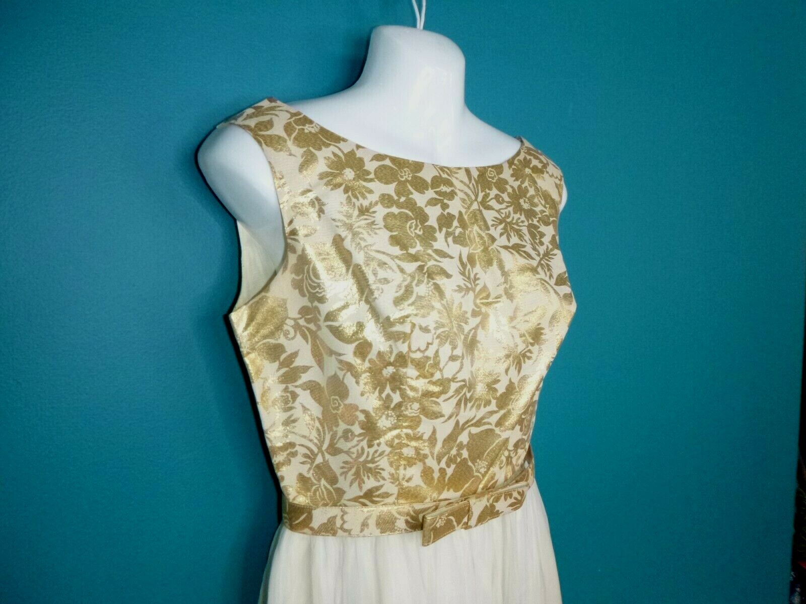 Vtg 60s Party Dress Gold Metallic Floral Bodice & Belt Cream Chiffon Skirt Sz 13
