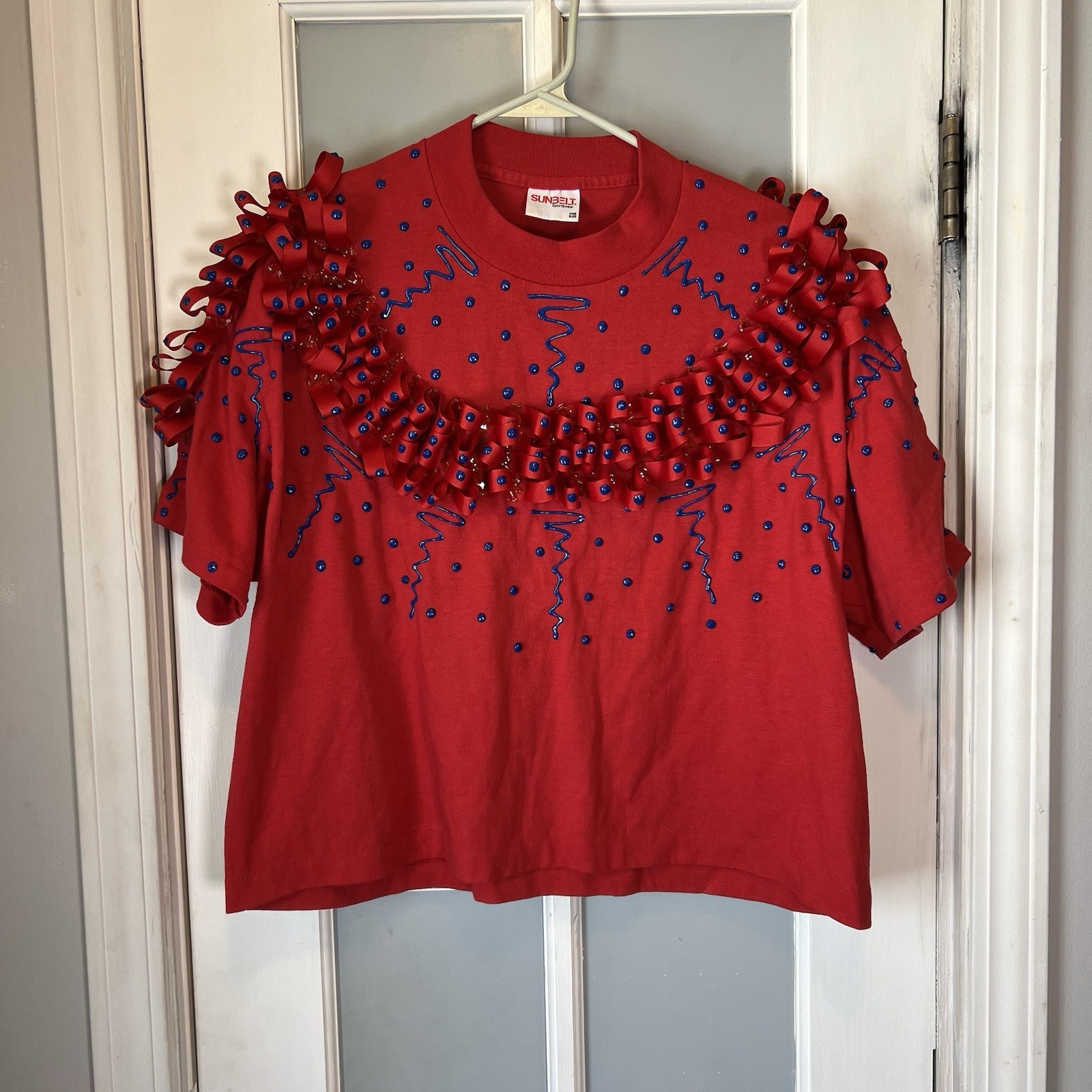 VTG 80s 90s Puff Paint Shirt Women’s OS Red Blue Sports Cheer Dance School Retro