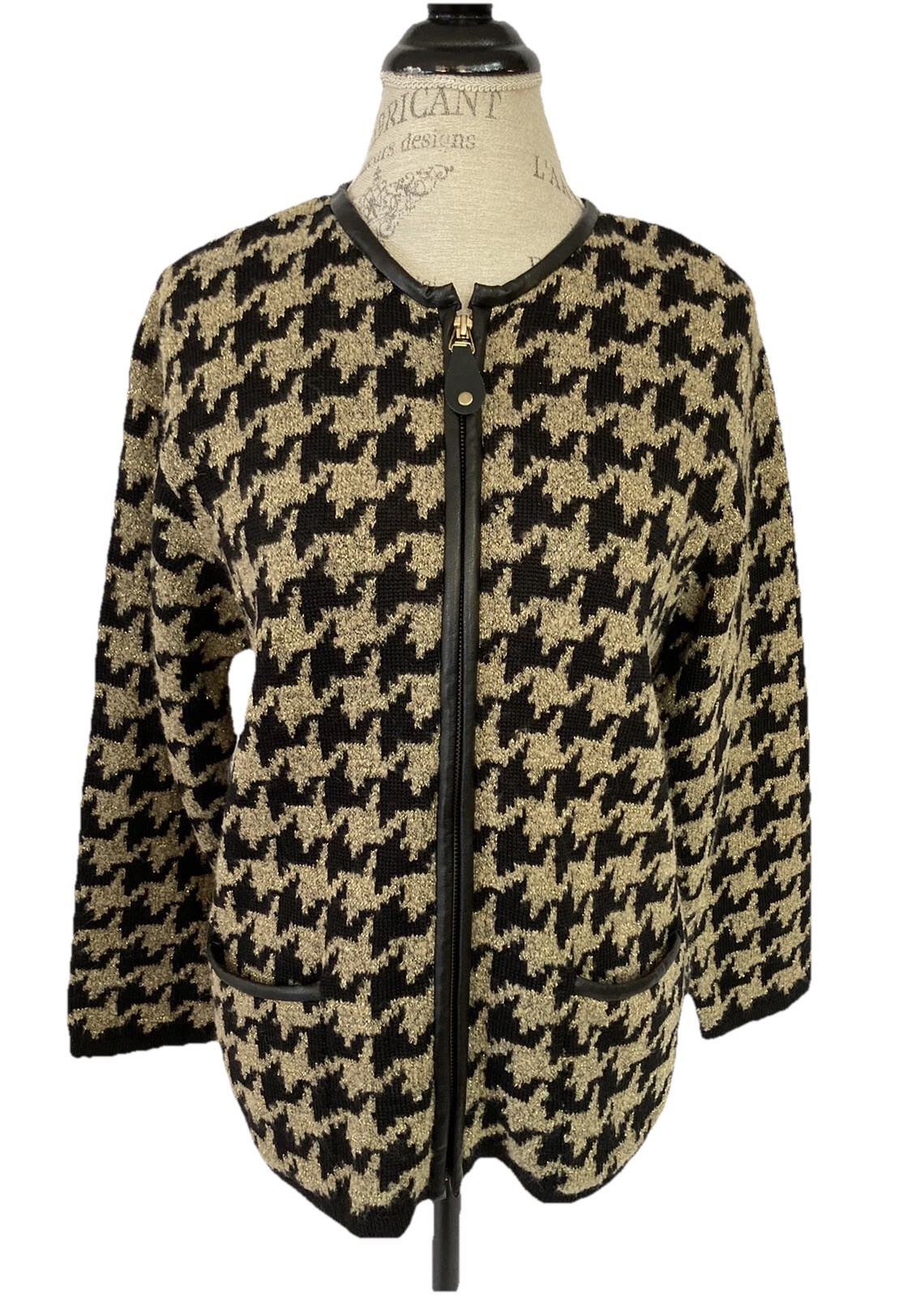 Vintage Rochelle California Women’s Sweater Jacket Zip Metallic Black Gold Sz PL