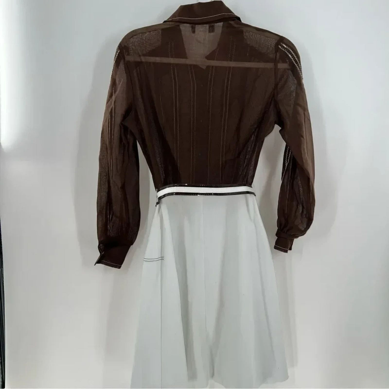 Kenny Classics 60s Sheer Brown Blouse w/Solid White Skirt Accent Stitching-Sz 8