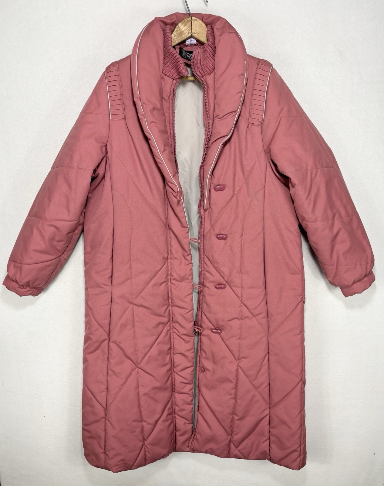 Vintage 70s Quilted Coat Size 14 Pink Long Puffer Jacket Toggles Snow Weather