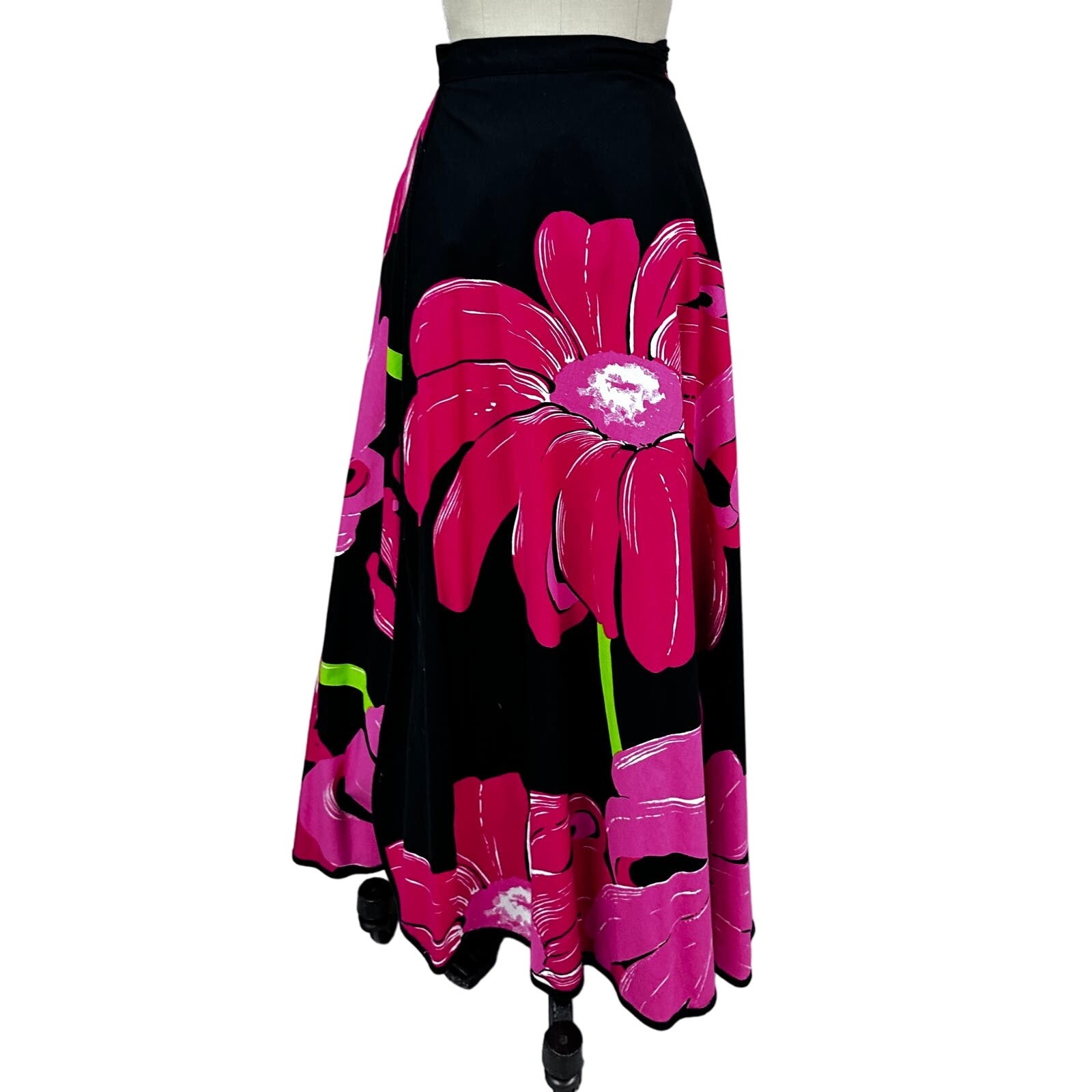 VTG 70s Hot Pink Black Floral Wrap Maxi Skirt Boho Hippie O/S Cotton