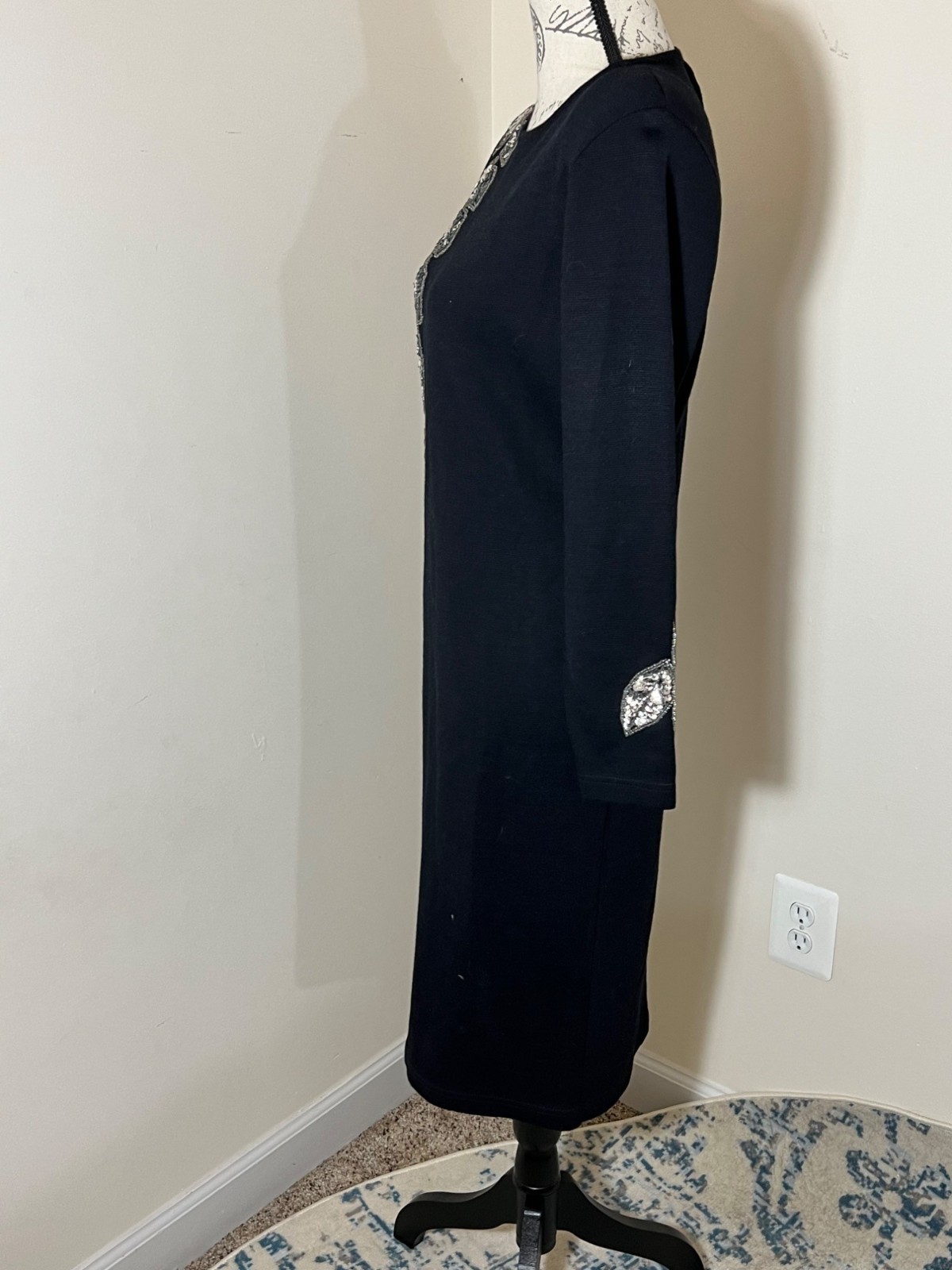 Vintage Outlander Black Sweater Dress Silver Sequin Long Sleeve Sheath Midi PS