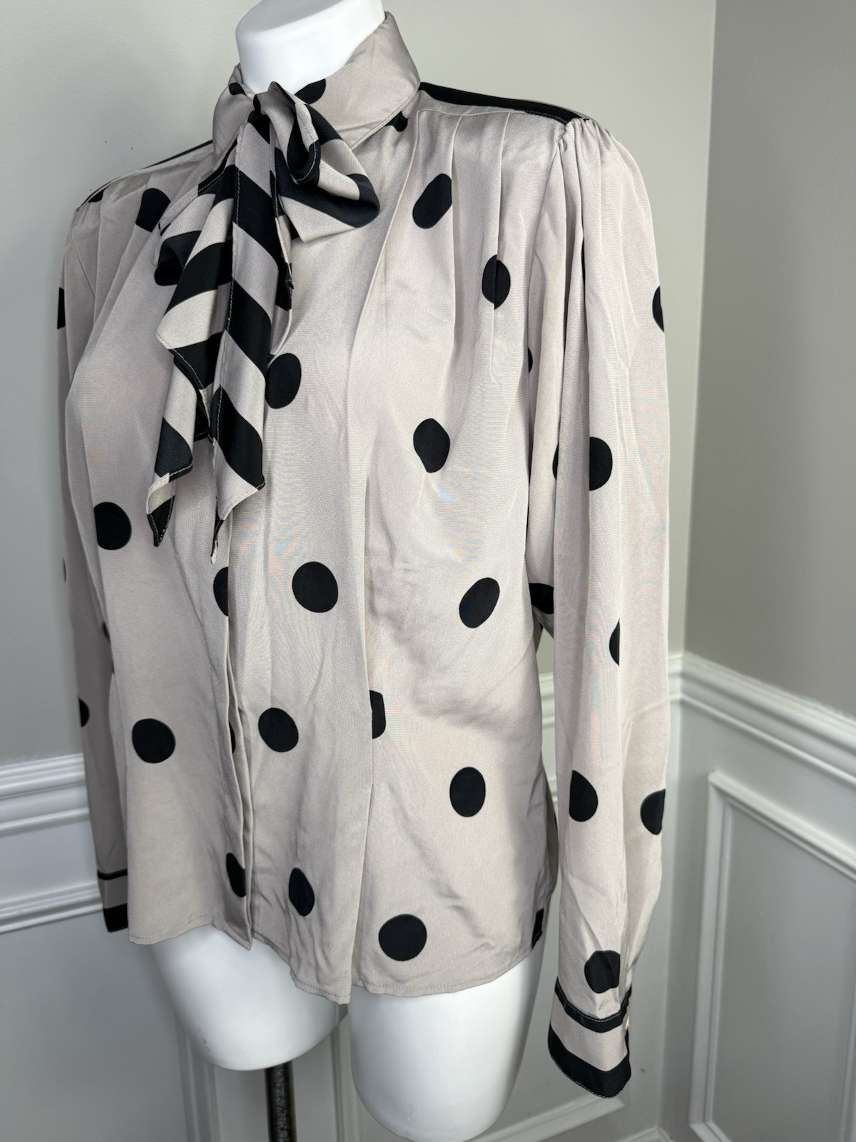Vintage Stuart Lang Flowy Button Down Blouse Polka Dot Detachable Scarf Sz 12 L
