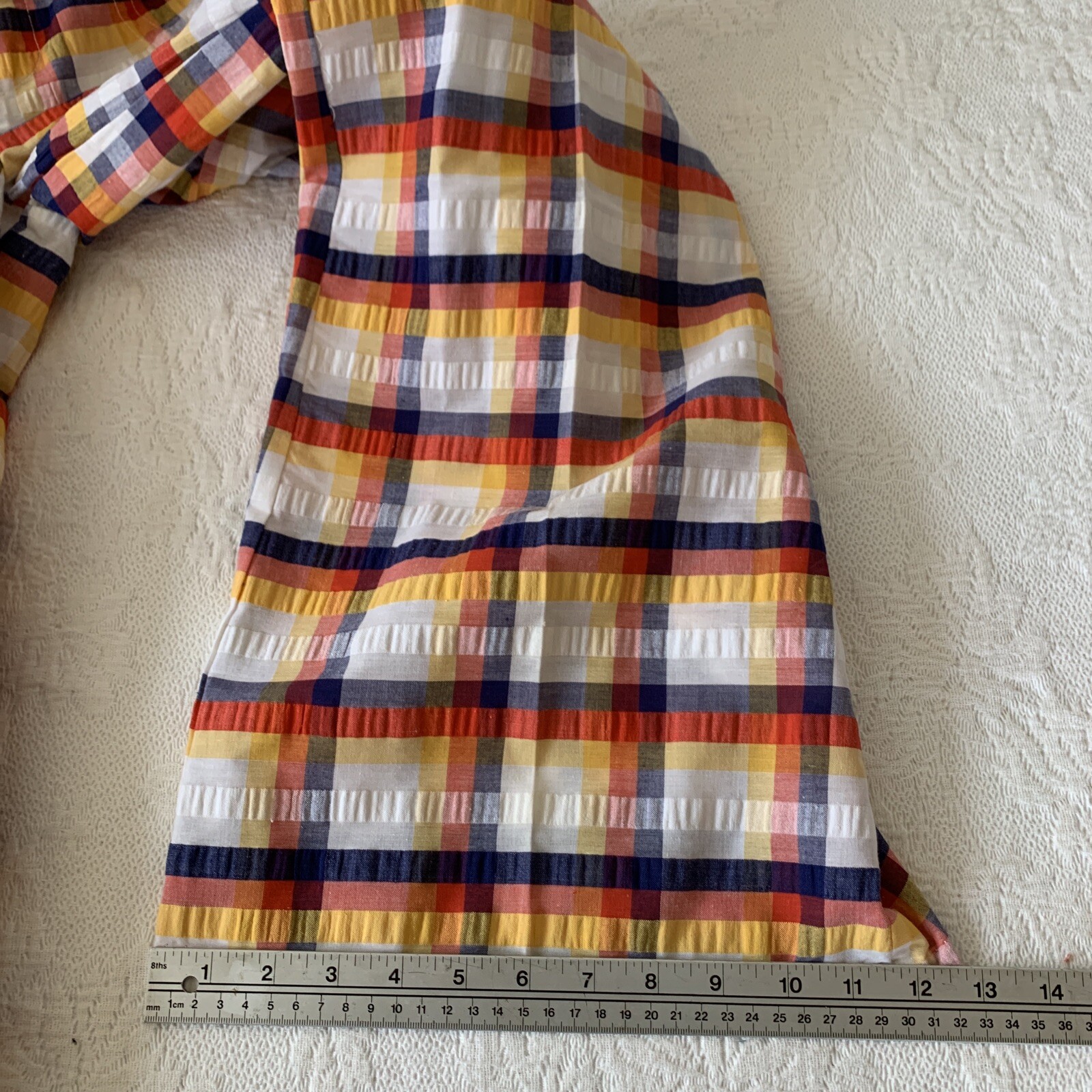 70’s Vintage White/Yellow/Red/Blue Seersucker Plaid Hippie Bell Bottom Pants NWT