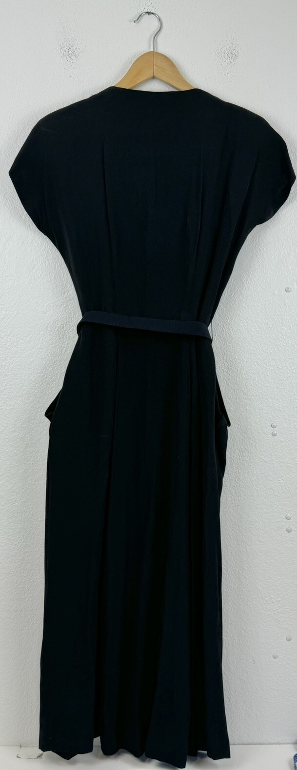 Vintage 1980s Shoulder Pad Black Sleeveless Dress With Belt And Pockets