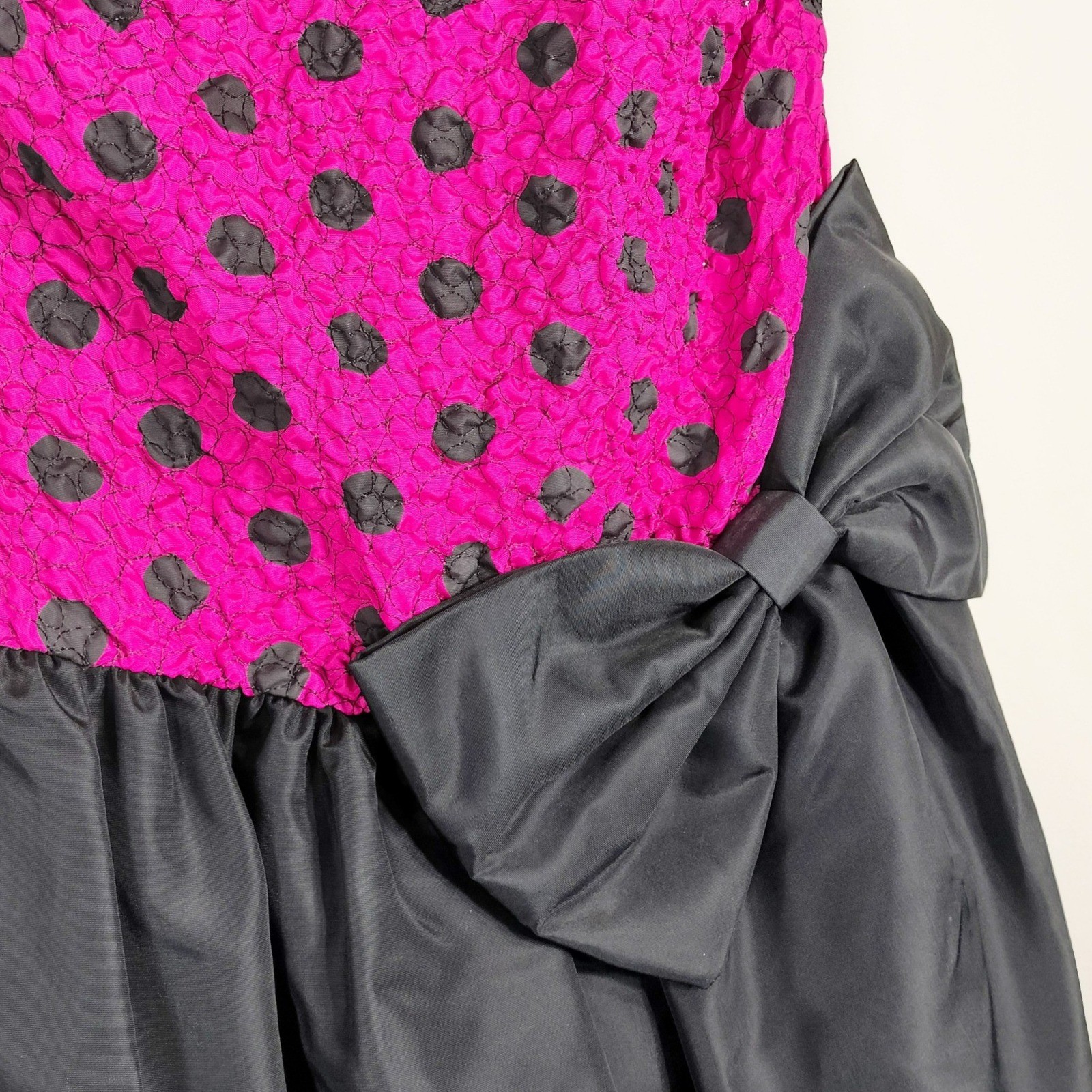 Plaza South Black Pink Dress; Vintage 80s Polka Dot Puff Sleeve Bow Accent