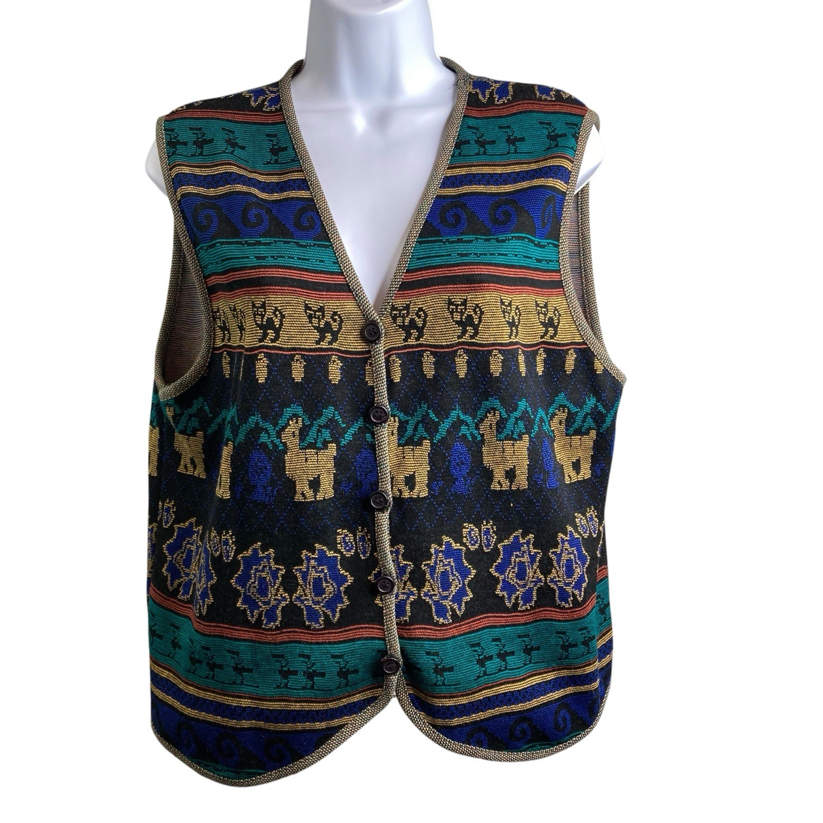 VTG 80s Melrose Knits By Christian De Castelnau Aztec Vest Skirt Set Size S/M