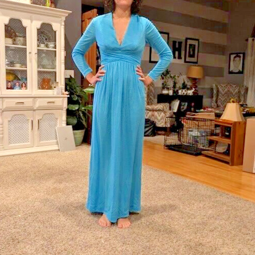 Vintage 1970s Teal Aqua Blue Knit Deep V Neck Long Sleeve Maxi Dress S