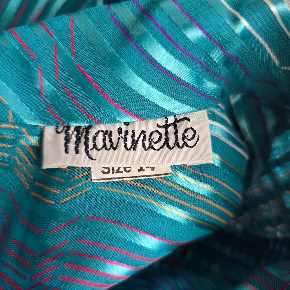 Vintage 80s Marinette Dress 14 Mock Neck Smocked Long Puffy Sleeve Sheer Striped
