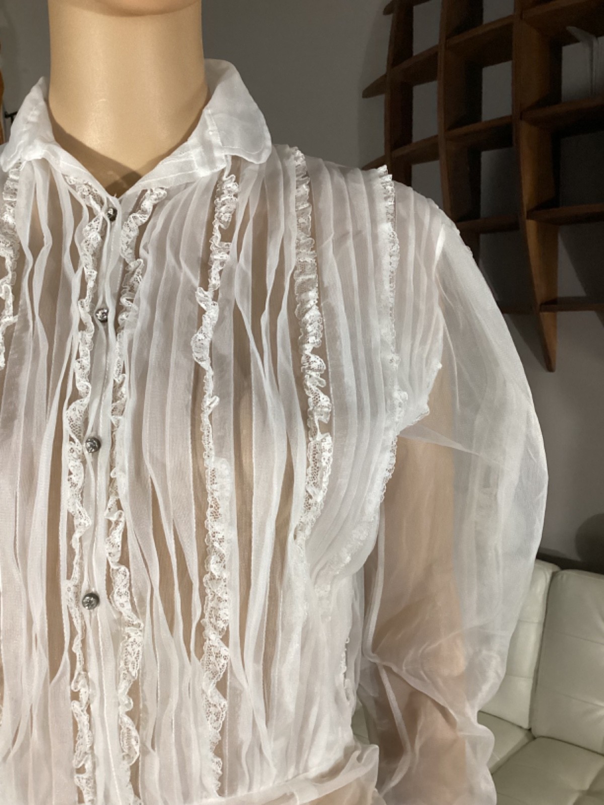 Vintage 1970’s White Sheer Nylon Prairie Farmhouse Victorian Revival BLOUSE