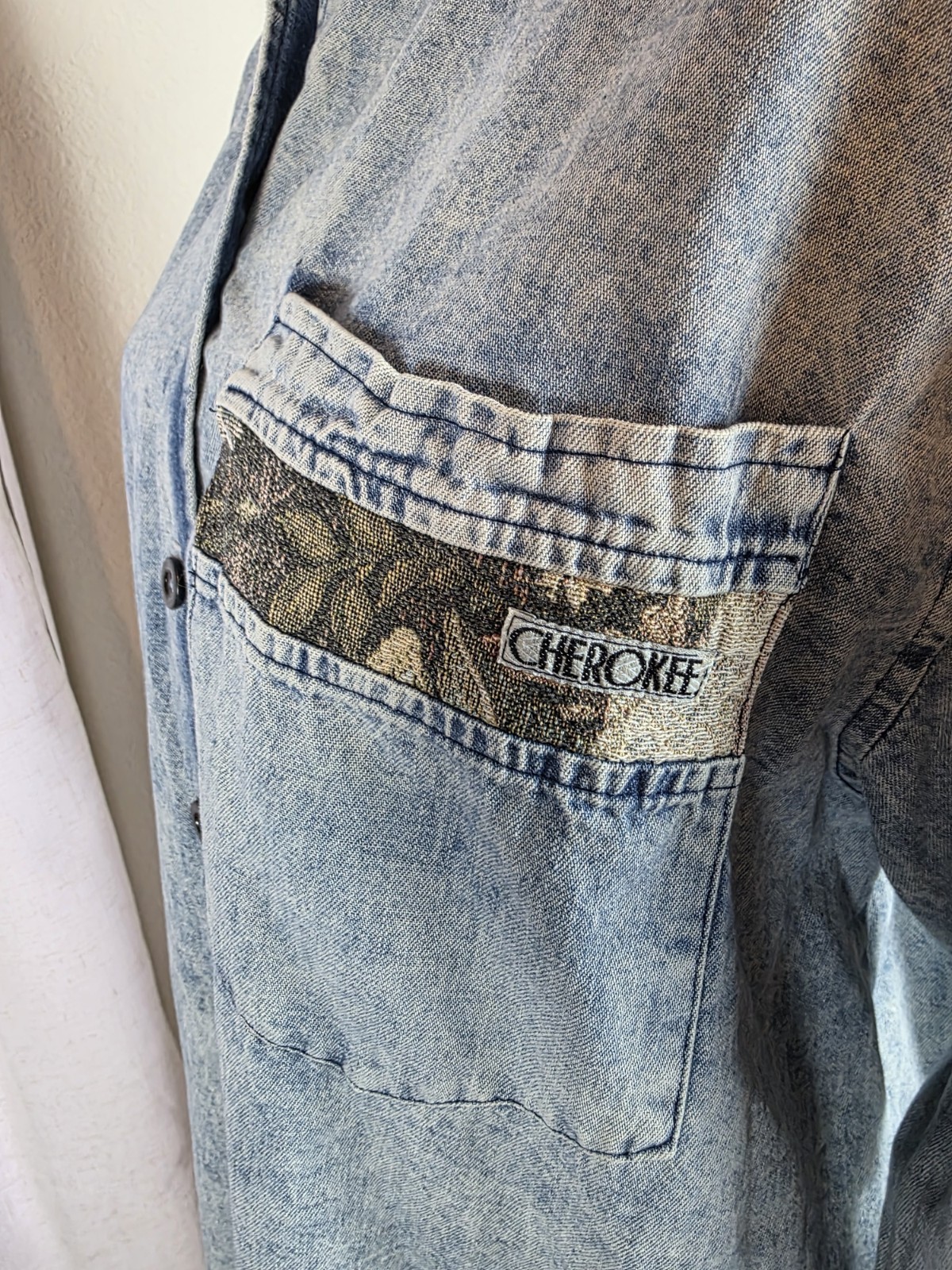 Vintage Cherokee Denim Shirt Size 8 Womens Acid Wash Tapestry Button Down 80s