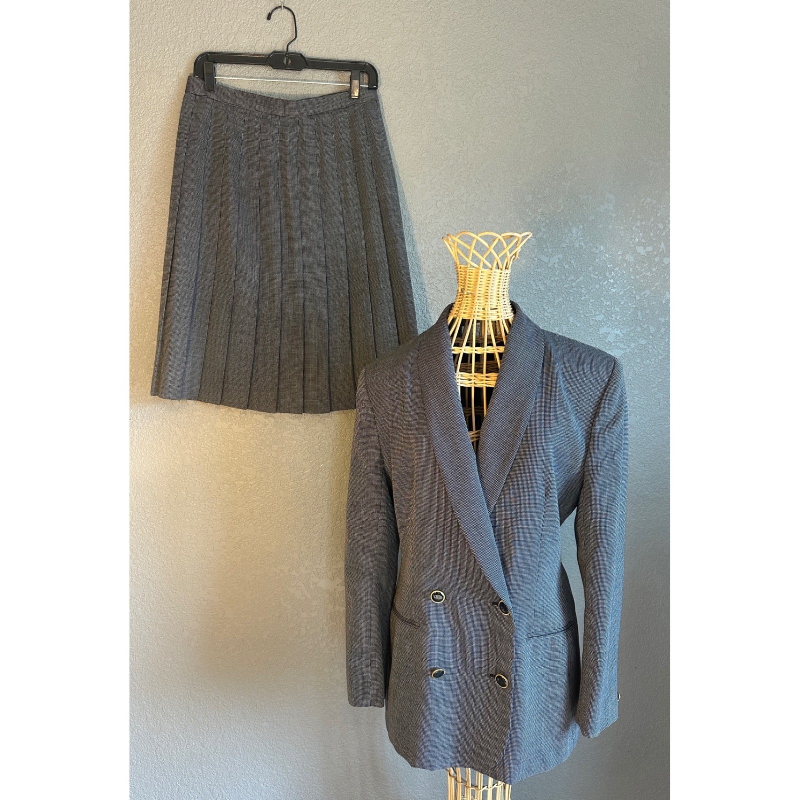 Vtg Rena Rowan Houndstooth Skirt Suit Set Blazer Sz 8 and Pleated Skirt Sz 12