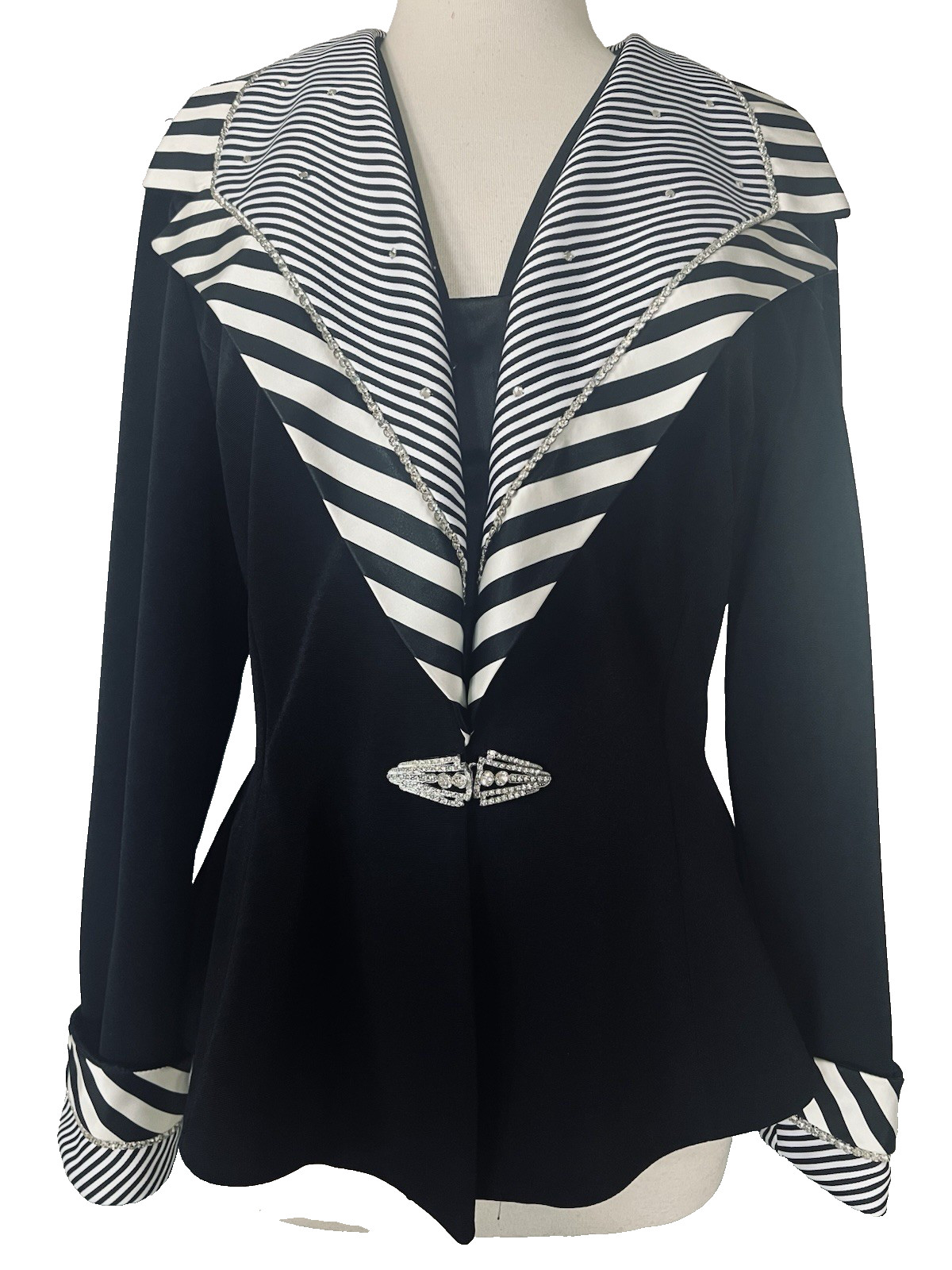 VTG 80s Black White Dual Stripe Rhinestone Clasp/Trim Shawl Collar Jacket Top LG