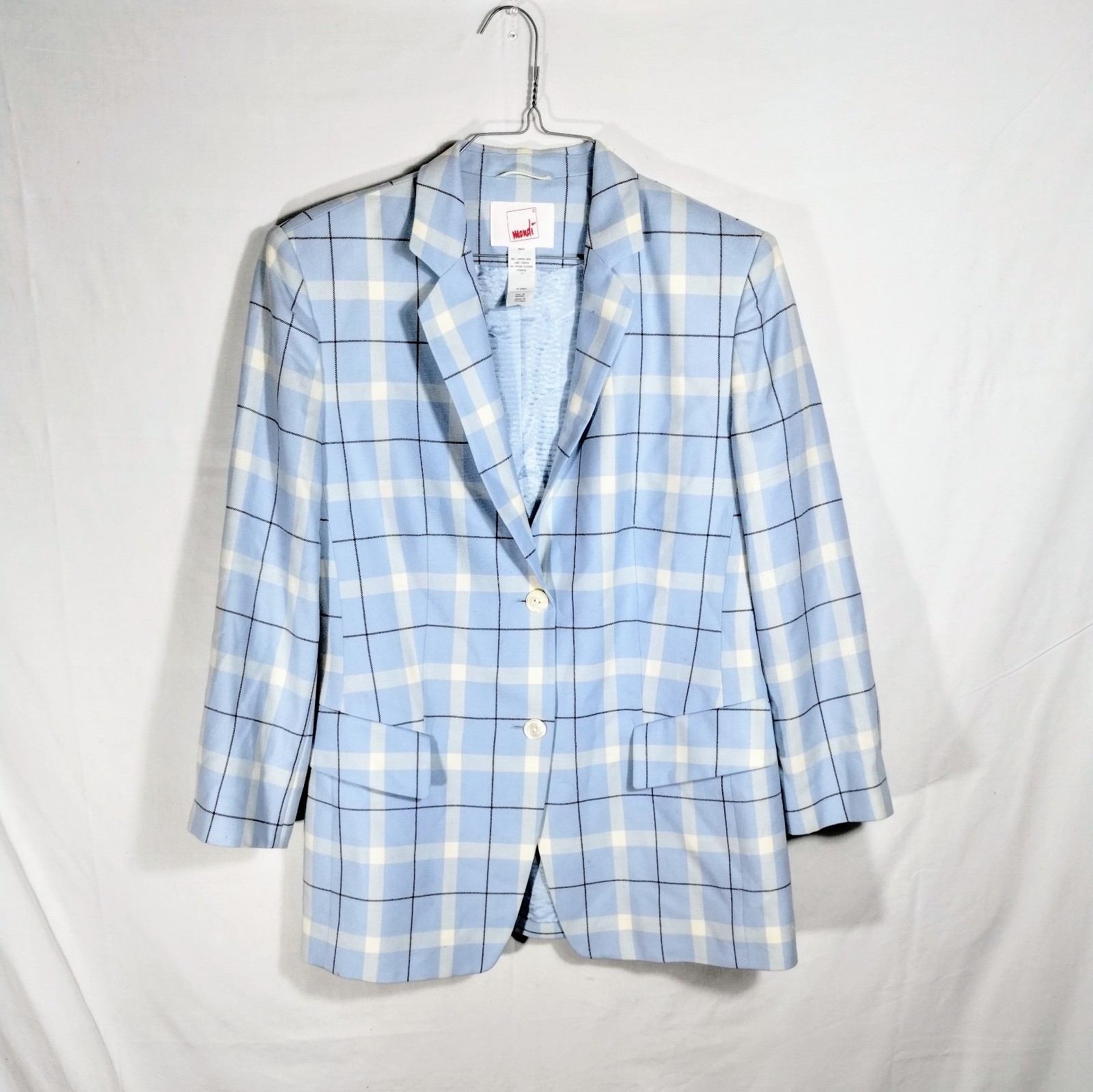 Vintage Mondi Virgin Wool Blazer 44 Modern L 10/12 Germany Blue Plaid Spring