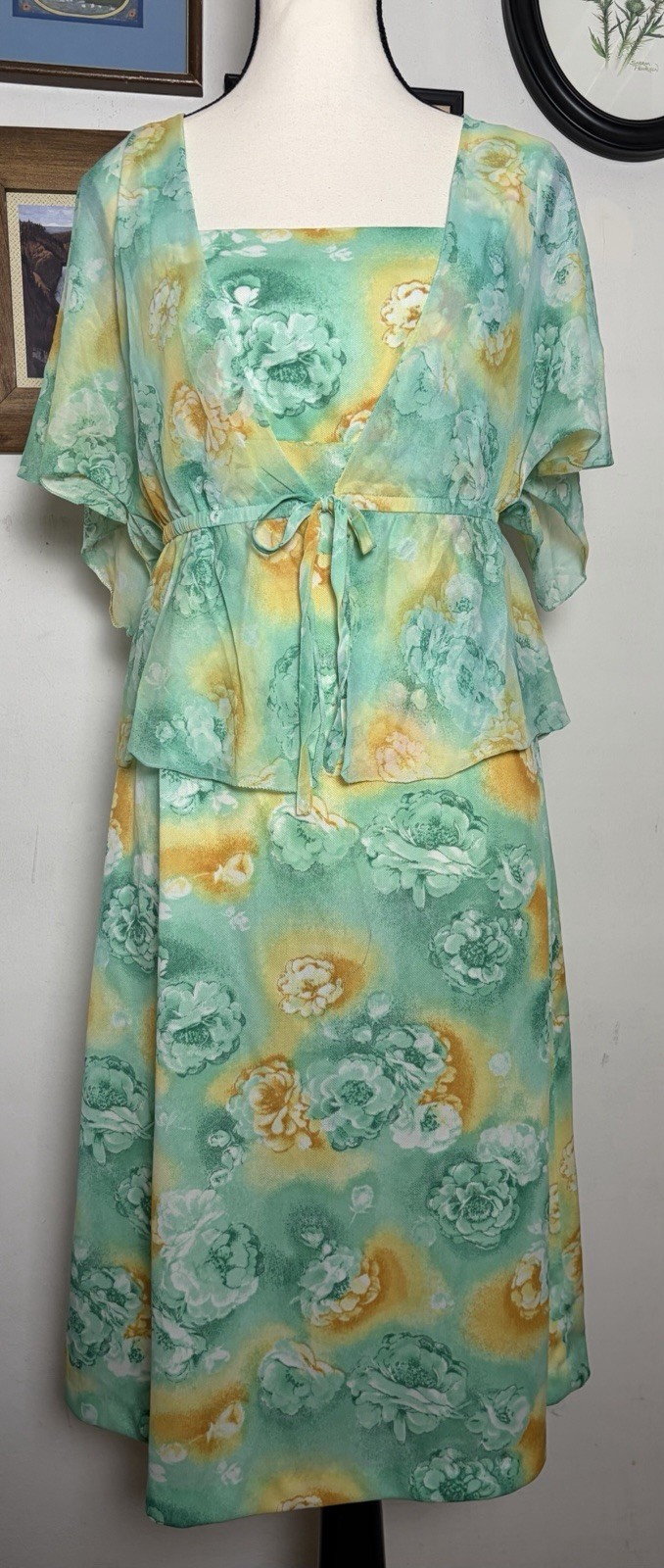 Vintage 70s Midi Dress W/ Sheer Cardigan Set Size 12 Green Yellow Floral