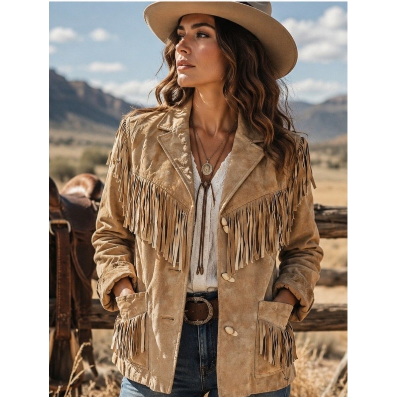 Vtg Lauren Ralph Lauren 100% Genuine Leather Suede Fringe Jacket Tan Western S/M