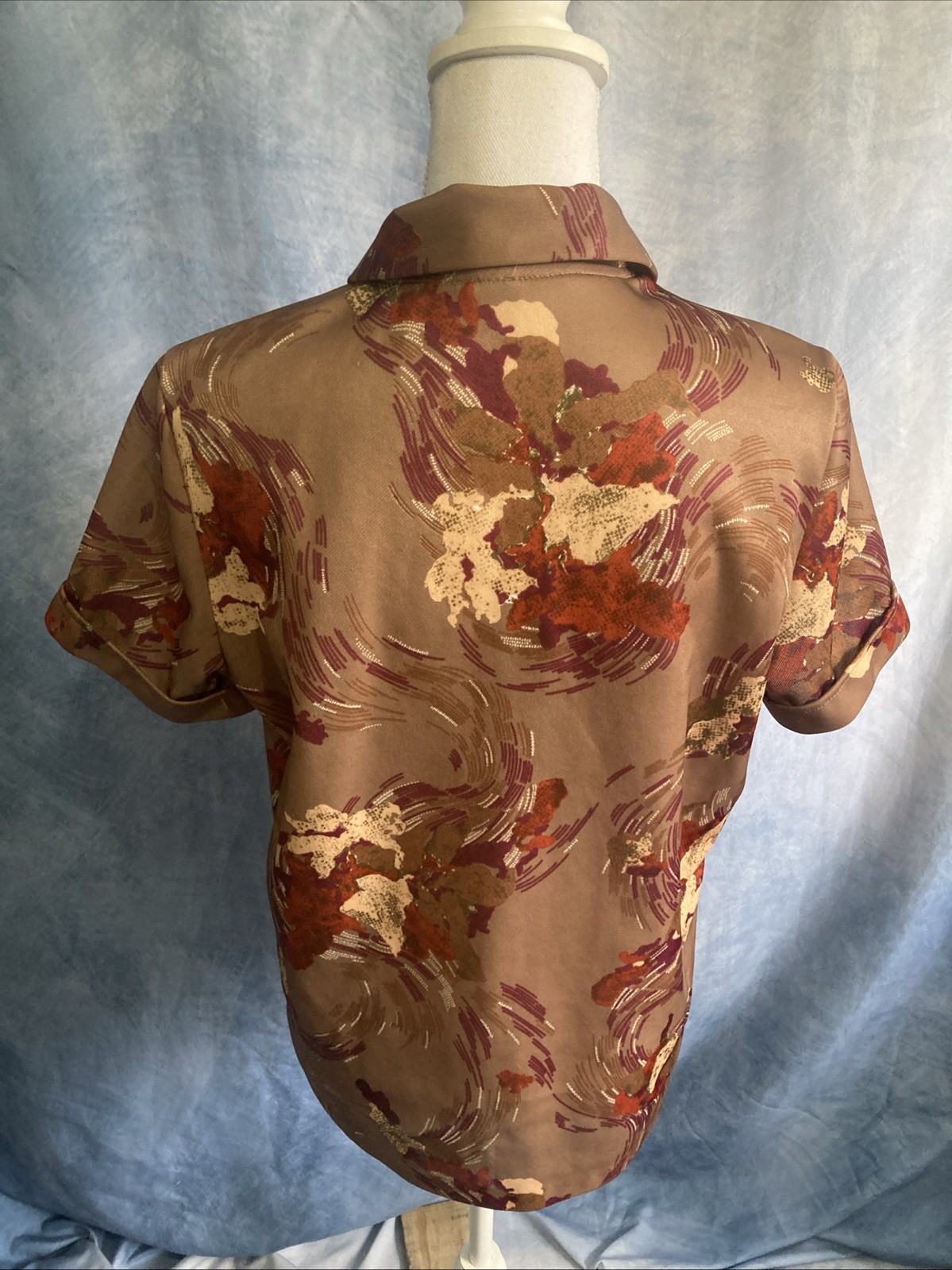 Vtg 70s Polyester Smock Blouse Top Abstract Earth Tone Disco Collar GUC Retro