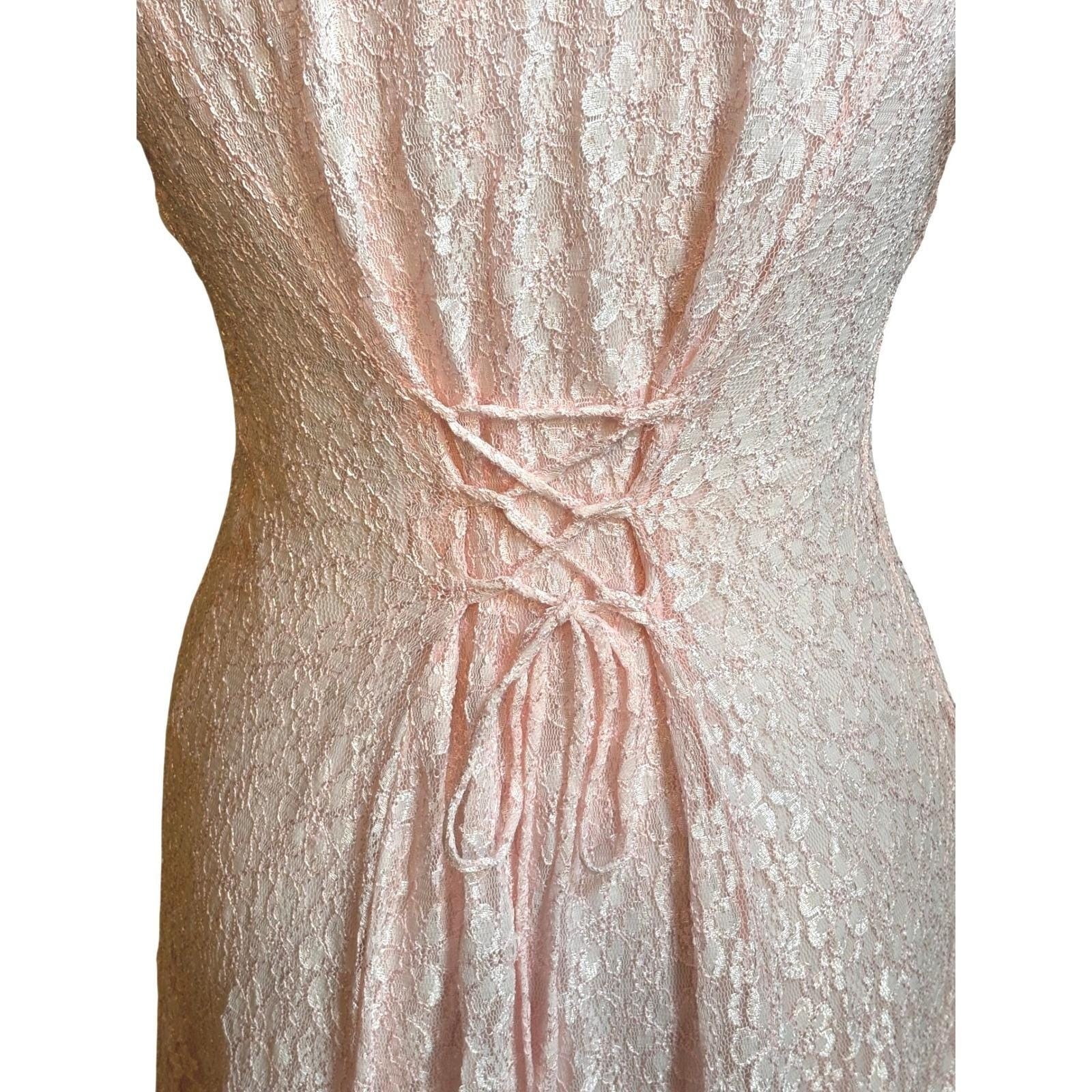 90s Dawn Joy Fashions Lace Midi Romantic Dress Womens 6 Pink Vintage Corset Back