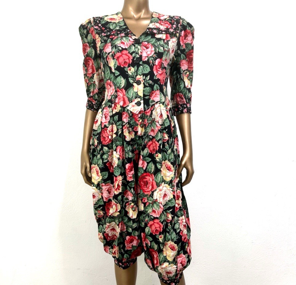 Vintage 80s 90s Floral Jumpsuit Romper Cottagecore Garden Party Boho Size XS-S